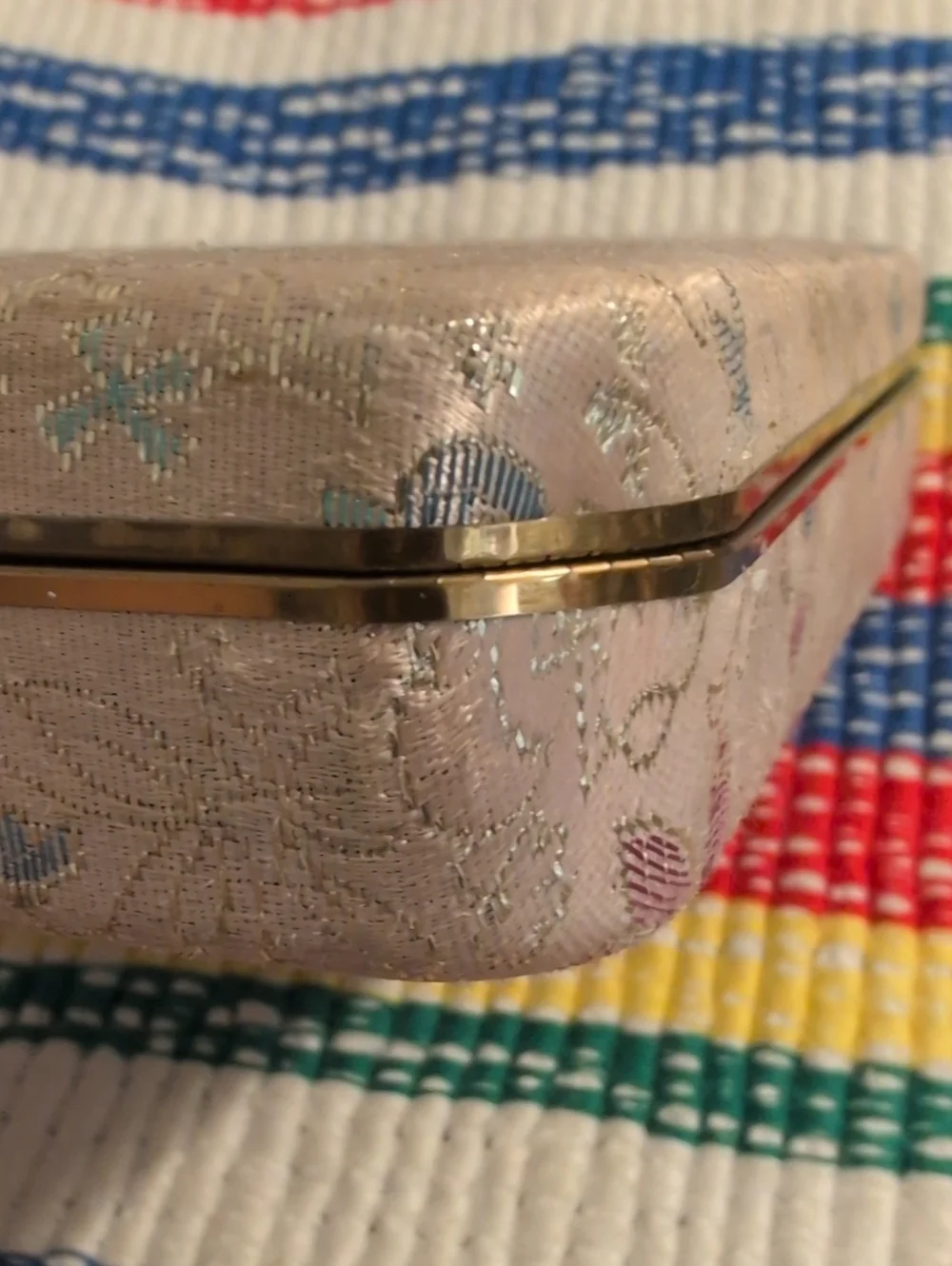 60s 70s Vintage Silk Brocade Travel Jewelry Box Birds Floral Motif Gold Trim